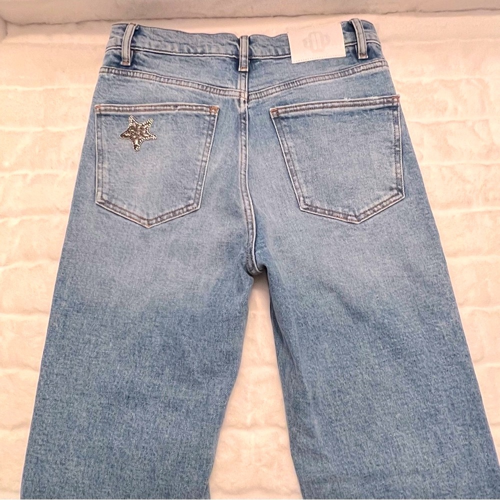 NWT Maje Pagody Crystal Embellished Straight Leg Stretch Denim Button Fly Jeans - Picture 7 of 16